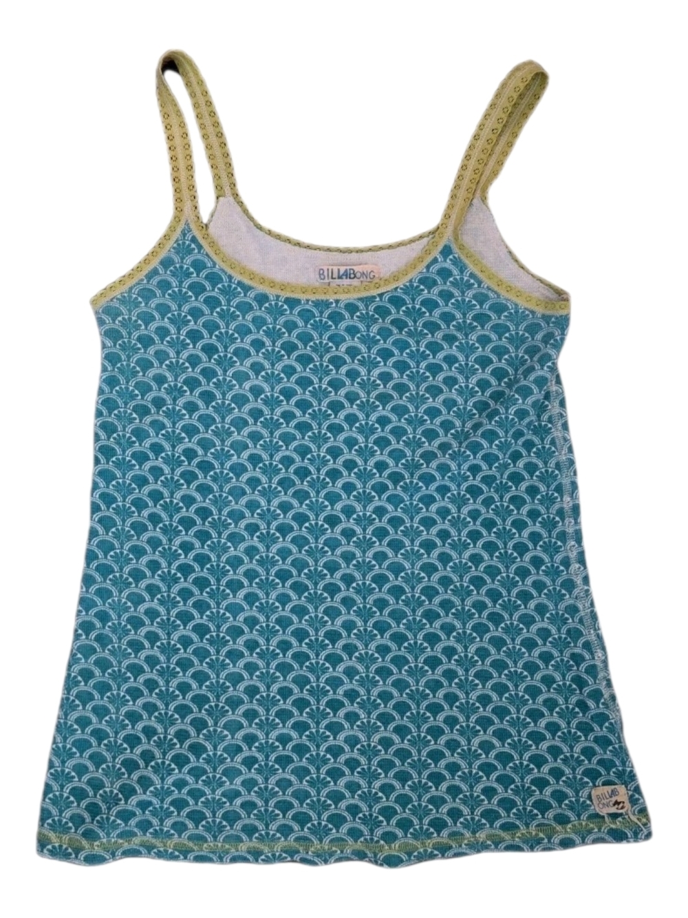 Billabong Tank top + Lace strap Teal-Pattern embroidered Fish Logo sz med. Y2K